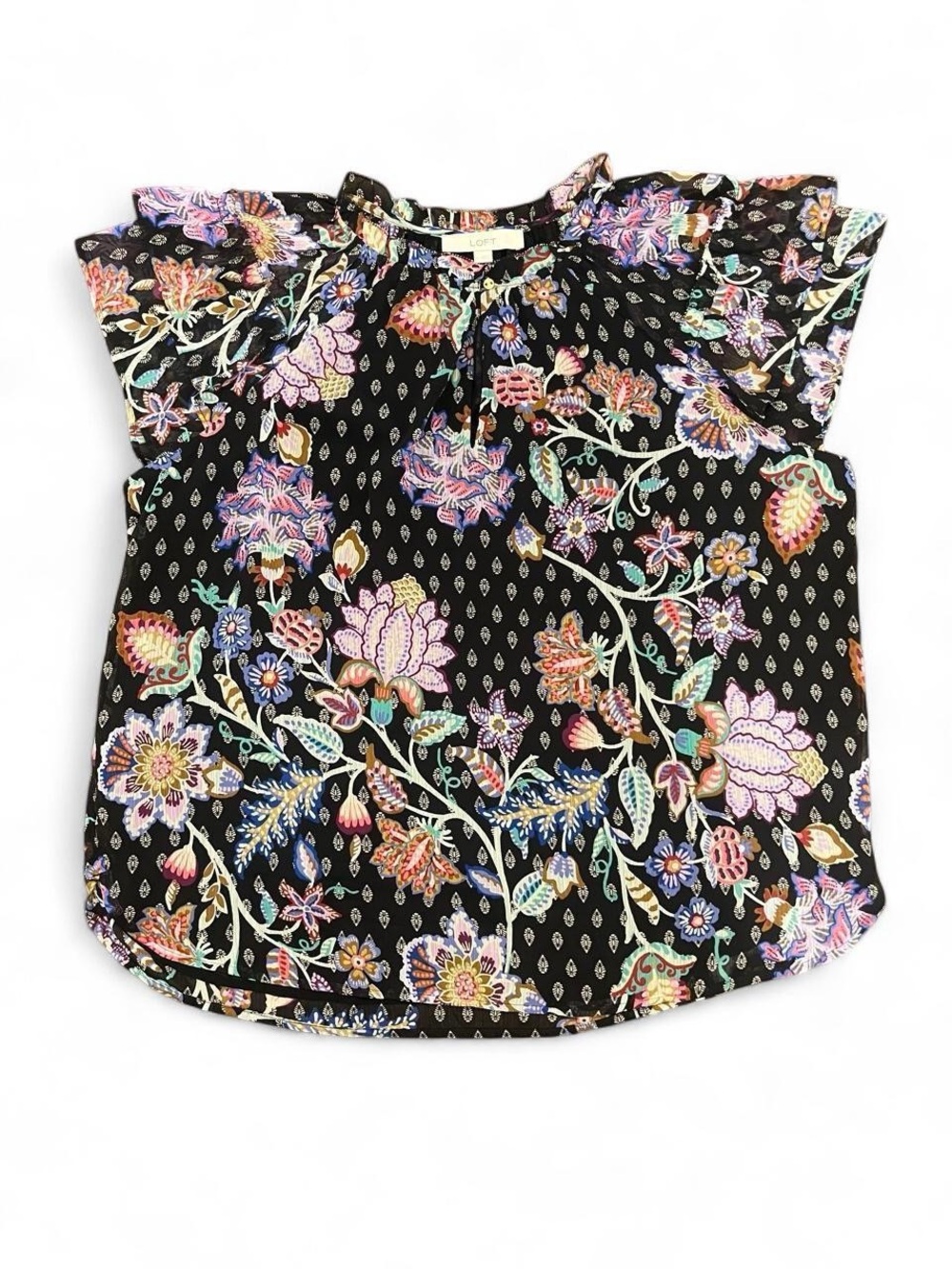 LOFT Black Floral Ruffle Sleeve Blouse